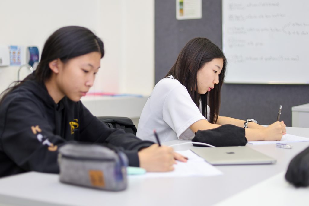 Two girls studying in school.